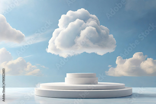 3D rendered podium stand with blue sky above adds a touch of serenity to the scene, perfect backdrop for an abstract stage. 