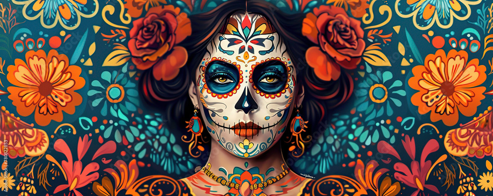 A woman with Mexican Day of the Dead face paint