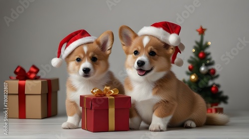 Pembroke\ Welsh Corgi puppy and kitten in red christmas .Generative AI