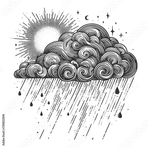 cloud with rain raindrops, sun, stars, and a crescent moon sketch engraving generative ai vector illustration. Scratch board imitation. Black and white image.