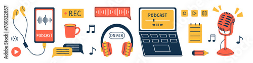 Vector collection of different podcast elements. Podcast recording and listening, broadcasting, radio. Interview and blogging. Trendy set of earphones, microphone, headphones, laptop, phone.