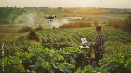 a man using a laptop and a drone flying over a farm