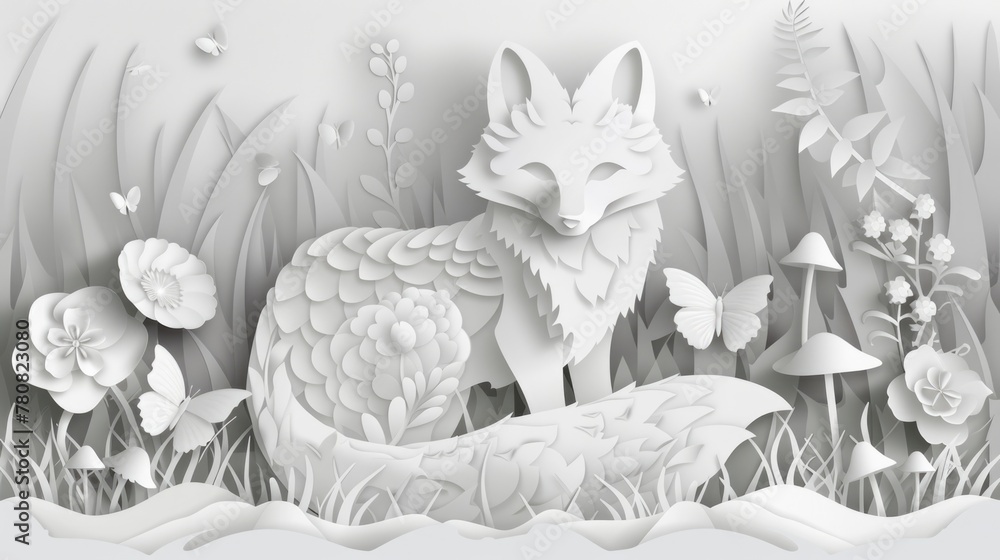 Fototapeta premium Paper cutout of a fox in a beautiful flower field. Suitable for various crafts and decorations