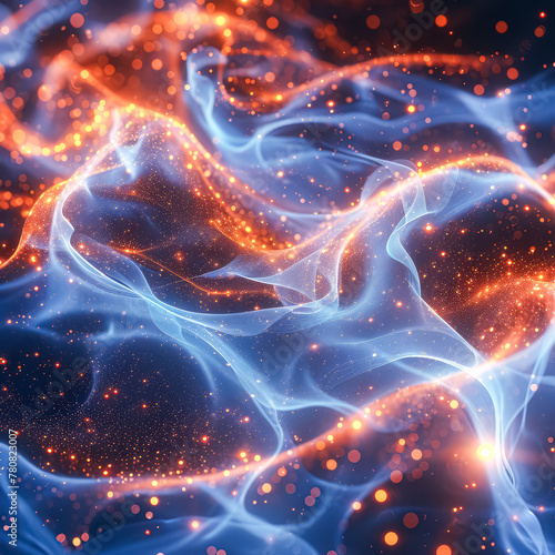 A blue and orange swirl of light with a lot of sparkles. The blue and orange colors give the impression of a cosmic explosion or a bright  energetic burst of light
