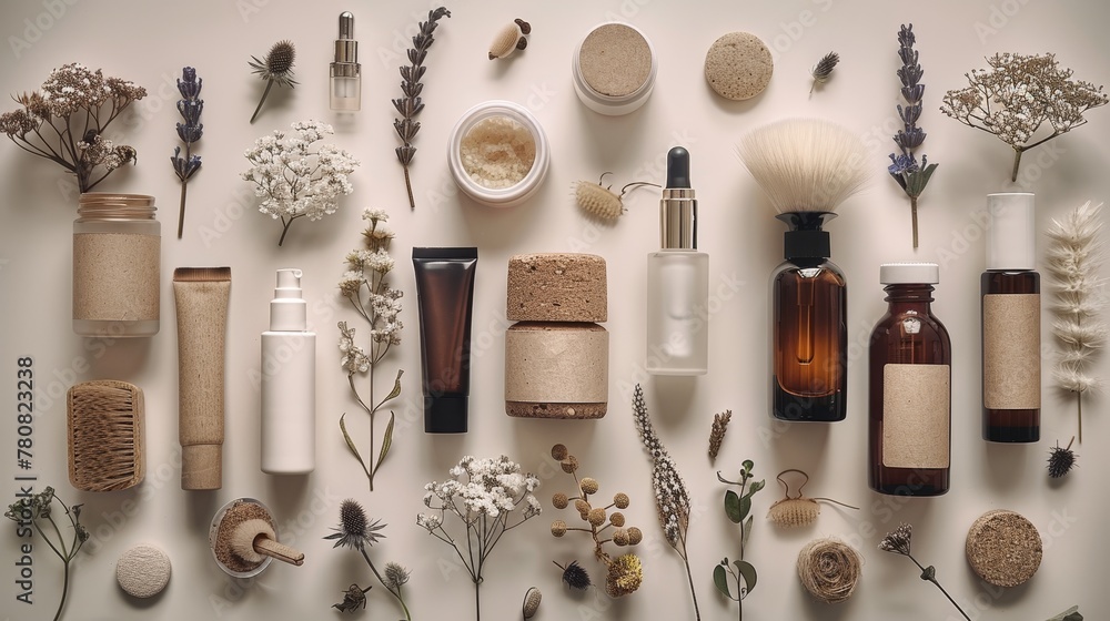 Organic cosmetics presentation features elegant beauty items on a white background, emphasizing eco-conscious branding. Organic cosmetics presentation features elegant beauty items on a white background, emphasizing eco-conscious branding.