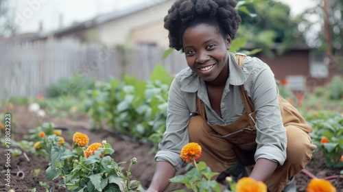 Happy black woman crouching, cultivating a flower garden, copy space