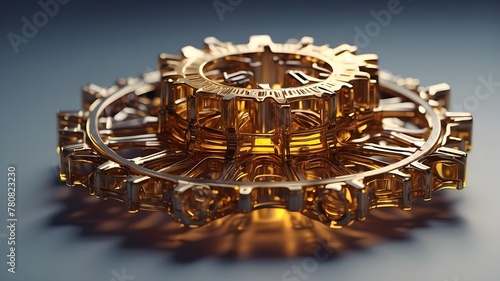 An intricate three-dimensional model of a cog gear with oil droplets descending. Design with low polygon count. background in geometric form. Structure of light connection using wireframe.