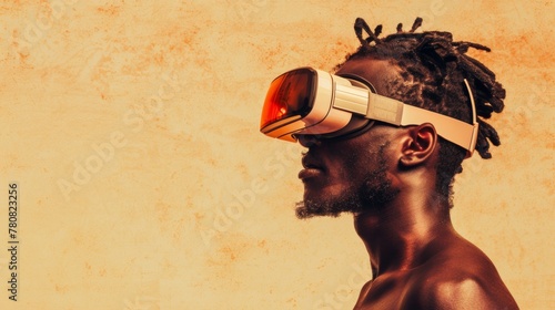 Man with VR headset stands in profile against a textured backdrop, merging traditional with digital worlds #780823256