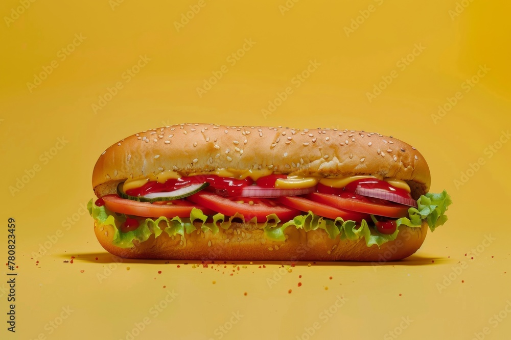 Long cheese burger with tomatoes, cucumbers, onions, ketchup, mustard, lettuce on a yellow background Long cheese burger with tomatoes, cucumbers, onions, ketchup, mustard, lettuce on a yellow background