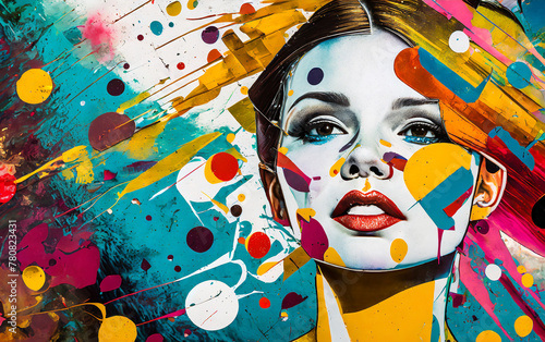Abstract stylized portrait of a woman, pop art, splashes and drops of paint. First floor.