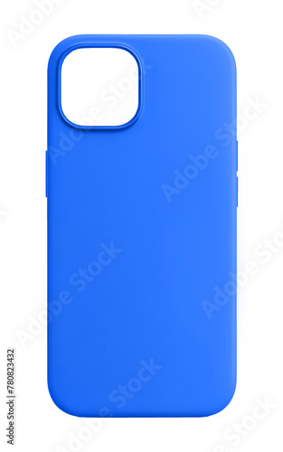 Blue phone case mockup, iPhone 15 Pro Max model, rear view, isolated on a white background.