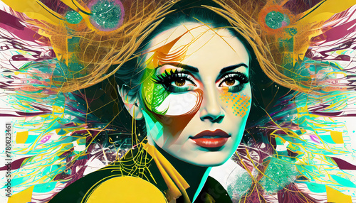 Abstract stylized portrait of a woman, pop art, splashes and drops of paint. First floor.