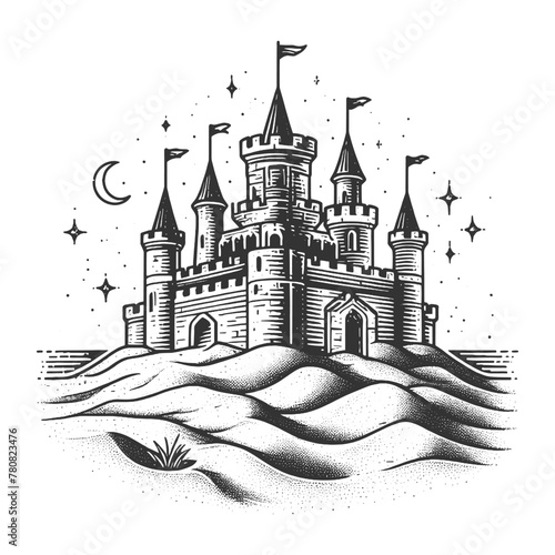 sand castle sketch engraving generative ai fictional character vector illustration. Scratch board imitation. Black and white image.