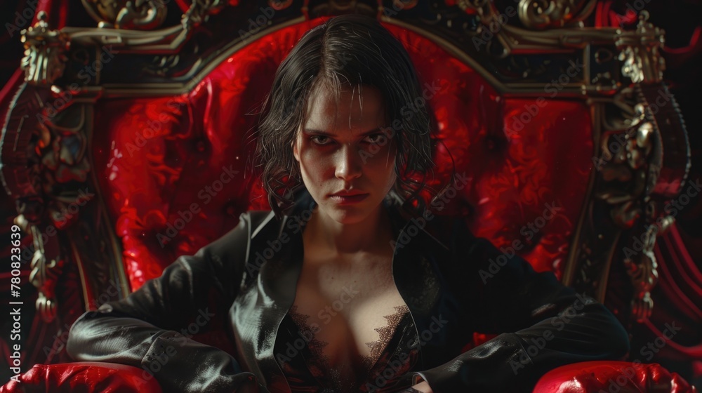 A woman sitting in a red chair with a black jacket. Suitable for lifestyle or office concepts A woman sitting in a red chair with a black jacket. Suitable for lifestyle or office concepts