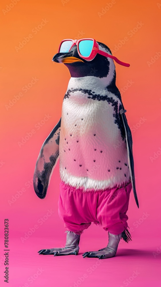 Obraz premium penguin wearing pink swimming trunks and eye goggles on a solid color background 