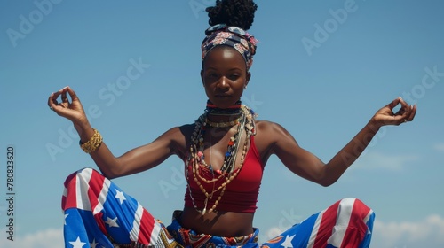 Patriotic Yoga Peace: African American woman in tranquility, dressed in Independence Day colors against a blue sky