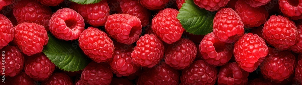 The image features a close-up view of several raspberries, with a focus on the red berries and their green leaves. The background is dark, creating a bold contrast with the vibrant raspberries. The image features a close-up view of several raspberries, with a focus on the red berries and their green leaves. The background is dark, creating a bold contrast with the vibrant raspberries.