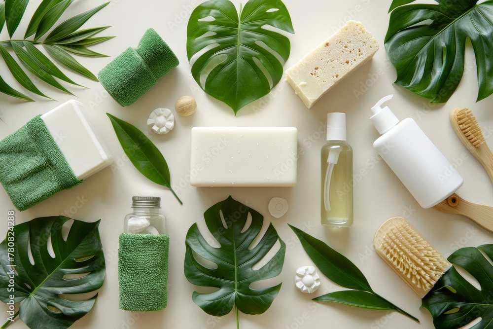 Vegan product mockup displays plant-based items with minimalist design on a white background. Vegan product mockup displays plant-based items with minimalist design on a white background.