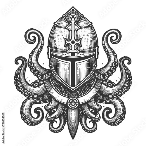 knight helmet atop a tangle of octopus tentacles, blending medieval armor with marine life sketch engraving generative ai vector illustration. Scratch board imitation. Black and white image.