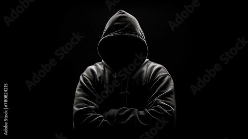 silhouette of a man in a hood on a black background, Silhouette of an unidentifiable person wearing a hooded sweatshirt, generative ai