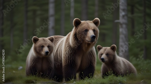 Female Eurasian Brown Bear And Her Cubs in boreal forest .Generative AI photo
