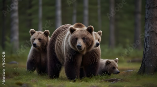 Female Eurasian Brown Bear And Her Cubs in boreal forest .Generative AI © adan