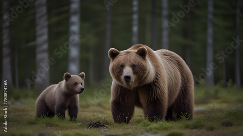 Female Eurasian Brown Bear And Her Cubs in boreal forest .Generative AI photo
