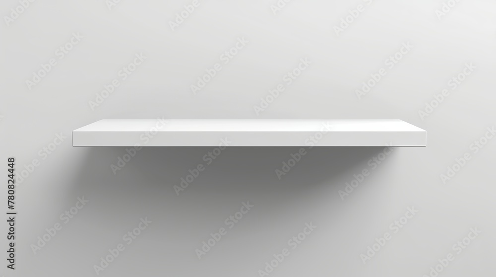 3D vector illustration presenting a white empty shelf affixed to the wall. Offers a minimalistic design for showcasing products. 3D vector illustration presenting a white empty shelf affixed to the wall. Offers a minimalistic design for showcasing products.