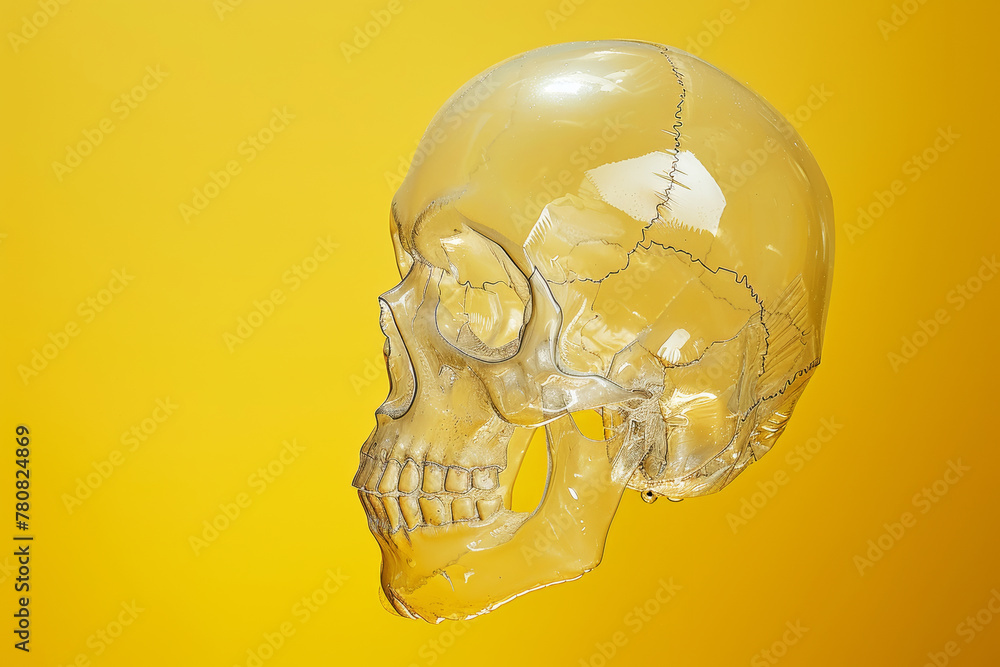 Transparent human skull model on a vivid yellow background, showcasing an anatomical structure for educational purposes Transparent human skull model on a vivid yellow background, showcasing an anatomical structure for educational purposes