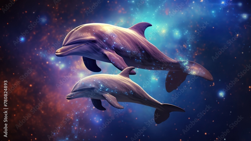 Two dolphins are swimming in a sea of stars. The background is a deep space blue with orange and pink nebulae. The dolphins are the main focus of the image.