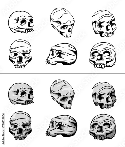 Conjunto de calaveras en distintas posiciones. Versión a color y en lineas.