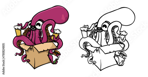 Pulpo feliz tomando cervezas y saliendo de una caja