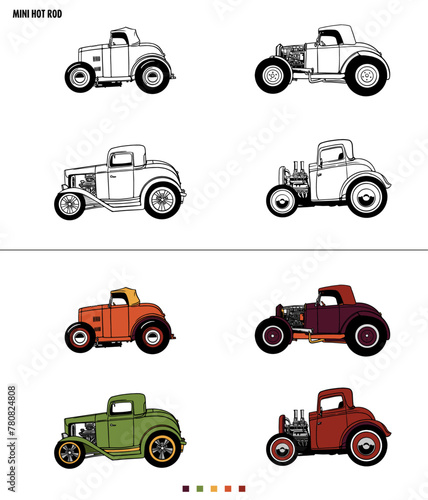 Conjunto de pequeños coches de estilo hotrod, en color y en lineas