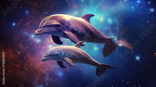 Two dolphins are swimming in a sea of stars. The background is a deep space blue with orange and pink nebulae. The dolphins are the main focus of the image.