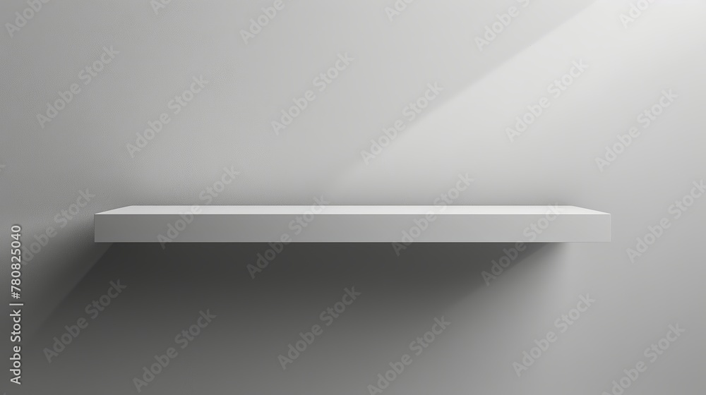 3D vector illustration presenting a white empty shelf affixed to the wall. Offers a minimalistic design for showcasing products. 3D vector illustration presenting a white empty shelf affixed to the wall. Offers a minimalistic design for showcasing products.