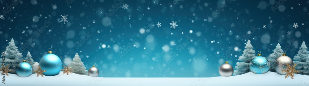 Blue Christmas banner with empty space in the middle with snowflakes and Christmas decorations on the sides.