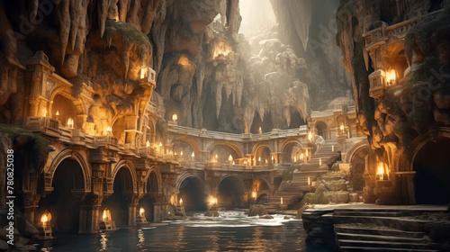 Underground city with river and rooms, fantasy of lost cave town photo