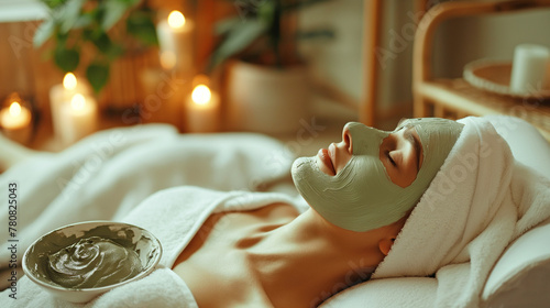 A 25 -35 year old woman enjoying an elegant spa day lies with a white towel on her head and a green clay mask, surrounded by candles photo