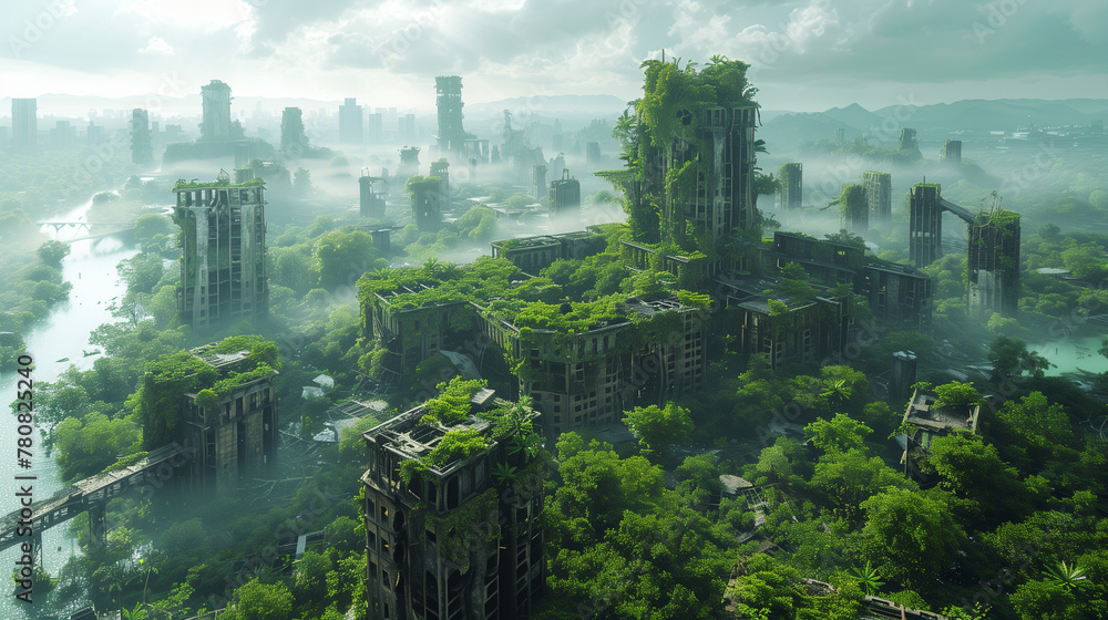 Once bustling streets now silent as nature reclaims towering structures, creating a verdant post-apocalyptic cityscape bathed in sunlight
