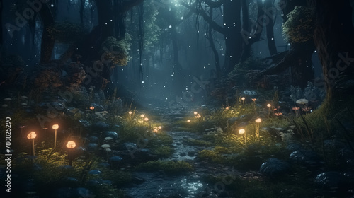 Fantasy forest at night, magic lights and fireflies in fairytale wood