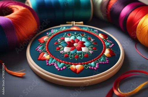 Round embroidery hoops with beautiful close-up embroidery and skeins of thread photo