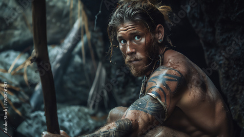 A prehistoric man of pleasing appearance, adorned with body tattoos reflecting ancient practices and cultural symbolism.