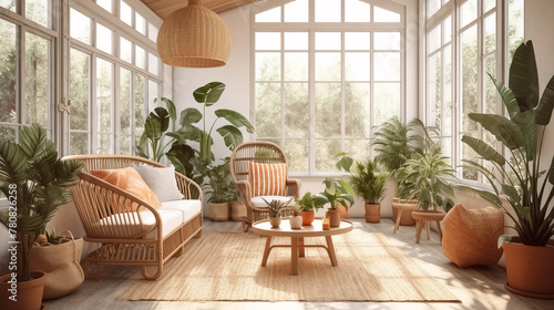 Bright and airy sunroom with wicker furniture and indoor plants photo