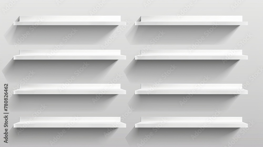 Assortment of empty white shelves isolated against a transparent background. Design elements presented in vector format. Assortment of empty white shelves isolated against a transparent background. Design elements presented in vector format.