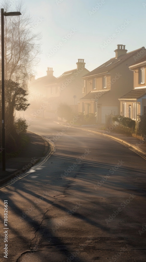 Tranquil Suburban Street at Sunrise with Mist and Soft Light