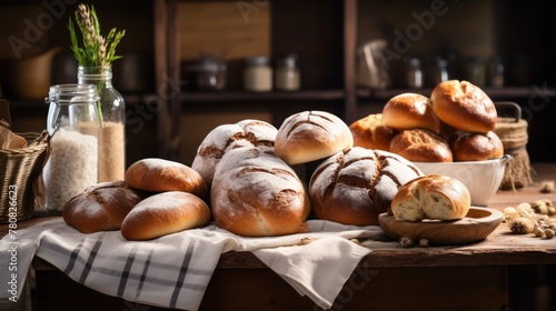 A table full of different kinds of bread, some in bowls and some on a towel. Jars of flour and grains are scattered around the table.