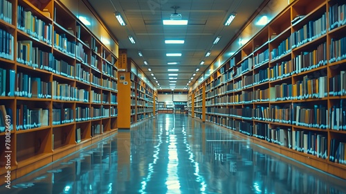 Abstract depiction of an unfilled college library interior, featuring defocused bookshelves. Suitable for background use in book-related businesses or educational contexts.