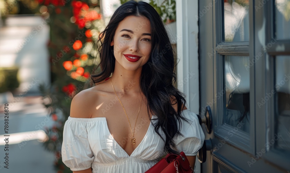 A beautiful smiling woman holding a red bag A beautiful smiling woman holding a red bag