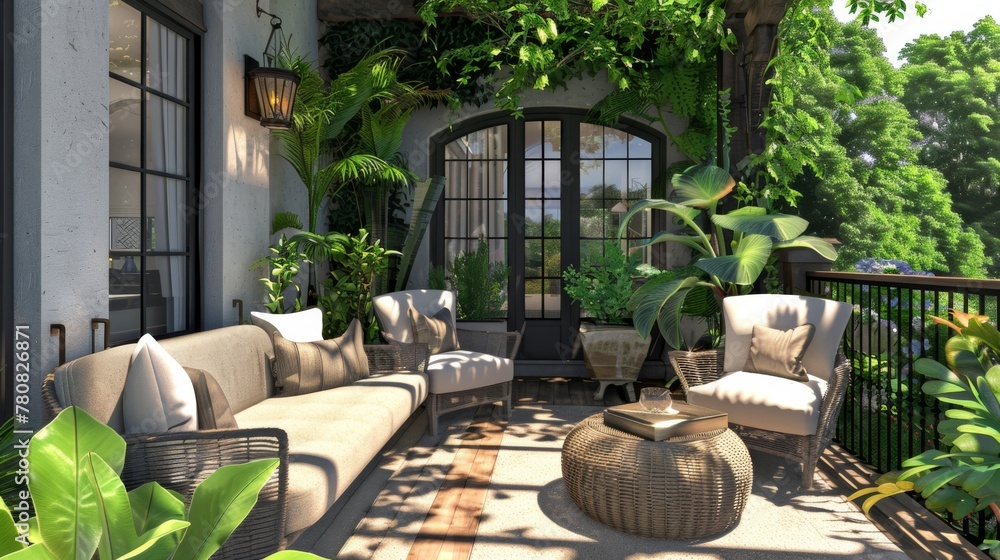 Fototapeta premium a stylish balcony is adorned with elegant furniture and lush greenery, creating a serene outdoor retreat 