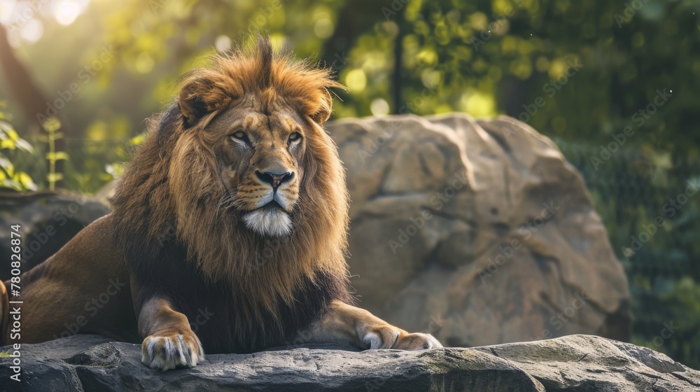 Naklejka premium Lion Sitting on Top of a Large Rock